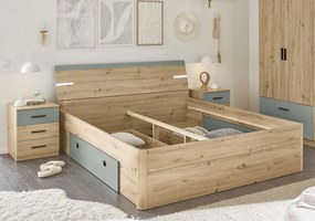 Posteľ s nočnými stolíkmi Savina 180x200 cm, dub artisan/šalviová, s osvetlením