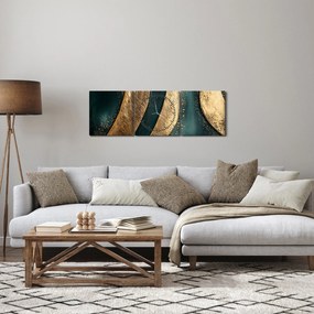 Obraz - Zelená abstrakcia so zlatom I. (s hodinami) (90x30 cm)