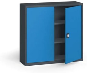 Plechová policová skriňa na náradie KOVONA, 1150 x 1200 x 400 mm, 2 police, antracit/modrá