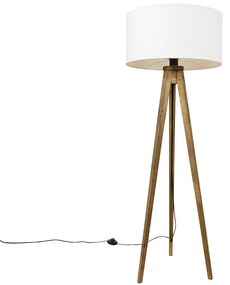 Rustikálny trojnohý vintage drevený s bielym tienidlom 50 cm - Tripod Classic