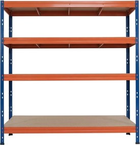 Kovové regály BULLRACK RIVET PRO 200x200x45 DTD drevotrieska 4 úrovne modro-oranžová