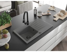 Mexen Cesar, 1-komorový granitový drez 775x470x190 mm a drezová batéria Elia, šedá, 6514-71-670101-70-B