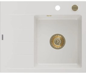 Mexen Ben, 1-komorový granitový drez 600x500x190 mm, pravý + zlatý sifón, biela, 6523605000-20-G