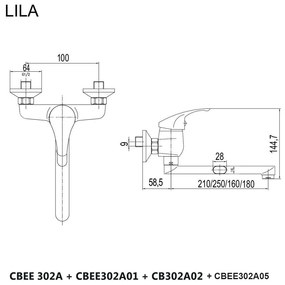 Mereo Mereo, Drezová nástenná batéria, Lila, s ramienkom plochým rovným 180 mm, chróm, MER-CBEE302A05
