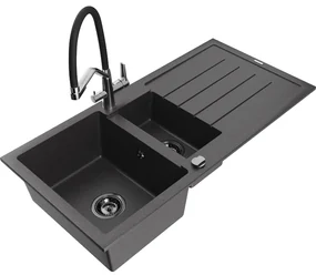 Mexen Andres, granitový drez 1000x500x200 mm, 1,5-komorový a drezová batéria Duo, čierna škvrnitá, 6515-76-671701-07-B