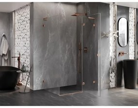 Mexen Lunar, L pravostranný výklopný sprchový kút 75 x 70 cm, 8mm číre sklo, profil medená matná, 834L-075-070-65-00-P