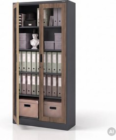 Kovová skriňa s vitrínou antracitová, orech, 900x1850x400 mm: AMELIA Eco Design