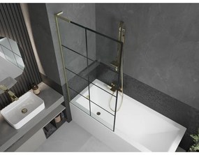 Mexen Next L, 1-krídlová vaňová zástena 90 x 150 cm, 6mm číre sklo-čierny vzor, zlatý matný profil, 895-090-000-03-77-55