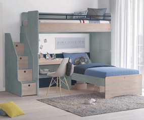 Poschodová posteľ s písacím stolom a schodíkmi Lincoln Modular - dub, dub modrá, dub tmavo modrá