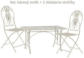 Záhradný set - kávový stolík 100x50x56 cm + 2 skladacie stoličky, biely kov s patinou
