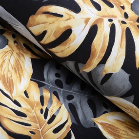 Biante Bavlnené posteľné obliečky Sandra SA-228 Sivé a zlaté tropické listy na čiernom Jednolôžko 140x200 a 70x90 cm