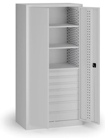 Dielenská zásuvková skriňa na náradie KOVOS, 3 police, 7 zásuviek, perforovaná, 950 x 600 x 1950 mm, sivá