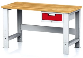 Nastaviteľný dielenský stôl MECHANIC I, závesný box na náradie, 1 zásuvka, 1500x685x700-1055 mm, červené dvere
