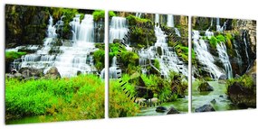 Obraz - vodopády so zeleňou (s hodinami) (90x30 cm)