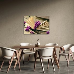 Sklenený obraz knihy a fialovej kvetiny (70x50 cm)