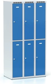 Kovová šatníková skrinka S6 s úložnými boxami, 6 boxov, 1800 x 900 x 500 mm, otočný zámok, modré dvere