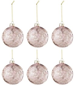 6ks ružová vianočná sklenená ozdoba s ružami a trblietkami S - Ø 8 cm
