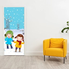 Fototapeta na dvere - Zimné detské radovánky (95x205cm)
