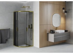 Mexen Rio, štvrťkruhový sprchovací kút s posuvnými dverami 90(dvere) x 90(dvere) x 190 cm, 6mm šedé sklo, zlatý profil, 863-090-090-50-40