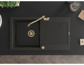 Mexen Leo, granitový drez 900x500x190 mm, 1-komorový a drezová batéria Carla, čierna-zlatá metalíza, 6501-75-670700-50