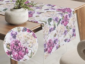Biante Dekoračný behúň na stôl PML-108 Fialové kvety s motýlikmi na bielom 20x140 cm