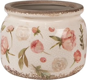 Béžový keramický obal na kvetináč s ružovými kvetmi Olia L - Ø 20*15 cm