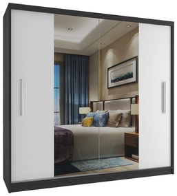 Šatníková skriňa 200 cm Belini čierny mat / biely mat s posuvnými dverami a zrkadlom  ME SZP1/2/B/W/0/AL