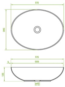Laveo Desna, umývadlo na dosku 515x395x135 mm, čierna matná, LAV-VUD_B251