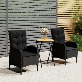 3-dielny záhradný bistro set čierny polyratan a akáciové drevo 3058541