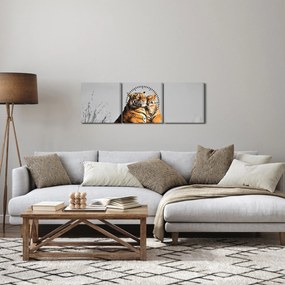 Obraz - Tigrice a jej mláďa, čiernobiely variant (s hodinami) (90x30 cm)
