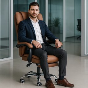 Pohodlné kancelárske kreslo s podnožkou a masážou - hnedá ekokoža