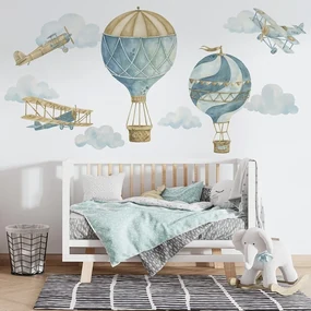 Gario Detská nálepka na stenu Retro balloons and airplanes - tri lietadlá, dva balóny a mraky