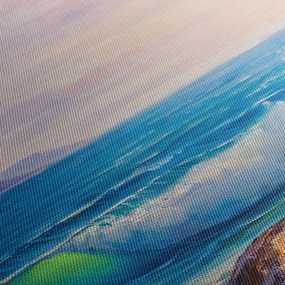 Obraz vĺn narážajúcich na útesy, olejomaľba (s hodinami) (90x30 cm)