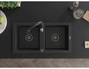 Mexen Mario, 2-komorový granitový drez 820x436x161 mm a drezová batéria Savita, čierna, 6504-77-672601-70-B