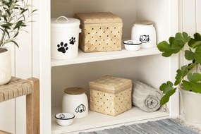 Biela kovová dóza na krmivo pre mačky s dreveným vekom CAT FOOD