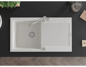 Mexen Leo, granitový drez 900x500x190 mm, 1-komorový a drezová batéria Carla, biela, 6501-20-670700-00