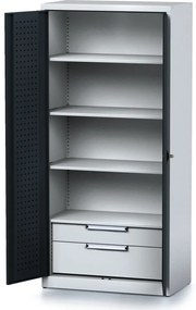 Policová dielenská skriňa 2-dverová MECHANIC, 3 police, 2 zásuvky, 920 x 500 x 1950 mm, antracitové dvere