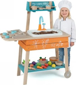 Vonkajšia detská kuchynka so odnímateľným drezom a policami Drevená detská kuchynka