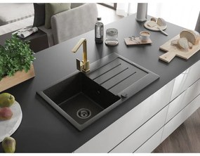 Mexen Bruno, drez granitový 795x495x200 mm, 1-komorový, čierna-zlatá metalíza s čiernym sifónom a čierna drezová batéria Rita, 6513-75-670300-50-B