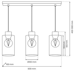 Závesné svietidlo Madera, 3x transparentné sklenené tienidlo, w/drevo