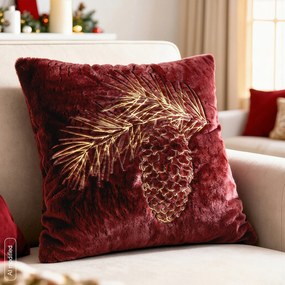 CHLPATÁ VIANOČNÁ DEKORAČNÁ OBLIEČKA NA VANKÚŠ PINE 45X45 CM BORDOVÁ
