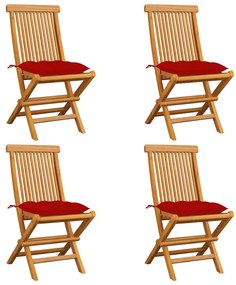Záhradné stoličky s červenými podložkami 4 ks tíkový masív