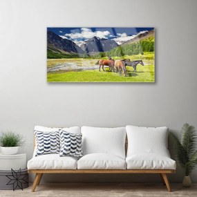 Skleneny obraz Hory stromy kone zvieratá 100x50 cm