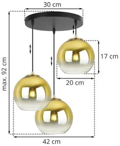 Závesné svietidlo BERGEN GOLD, 3x zlaté/transparentné sklenené tienidlo (fi 20cm), O