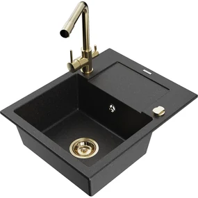 Mexen Enzo, granitový drez 576x465x174 mm, 1-komorový, zlatá batéria Duero, čierna - strieborná metalíza, 6506-73-671600-50