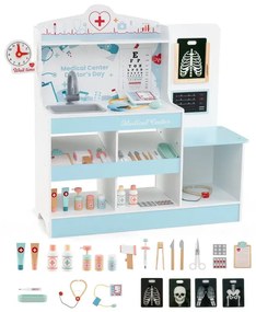 Drevený lekársky set na hranie lekárske centrum pre deti s hodinami umývadlo očné testy monitor EKG modrý