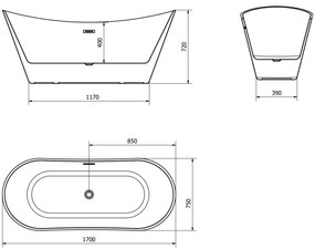 Mexen Celia, voľne stojaca vaňa 170 x 75 cm, biela, brúsená oceľ prepad, 52331707500-97