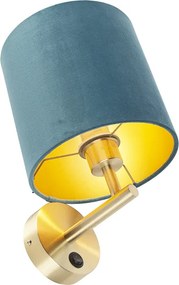 Elegantná nástenná lampa zlatá s modrým zamatovým tienidlom - Matt