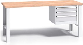 Pracovný stôl do dielne G3 so závesným boxom na náradie, buková škárovka, 3 zásuvky, pevné kovové nohy, 1700 mm, sivá