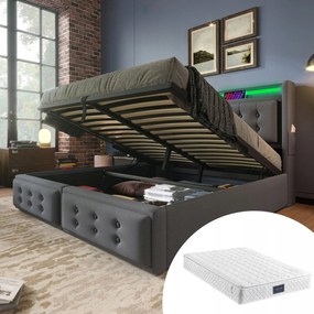 Čalúnená dvojlôžková hydraulická posteľ Usb-c Led 140x200, šedá matrac
